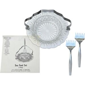 Vintage Glass Pickle Server Chrome Carrier Fork Set Pressed Glass Clear 6in
